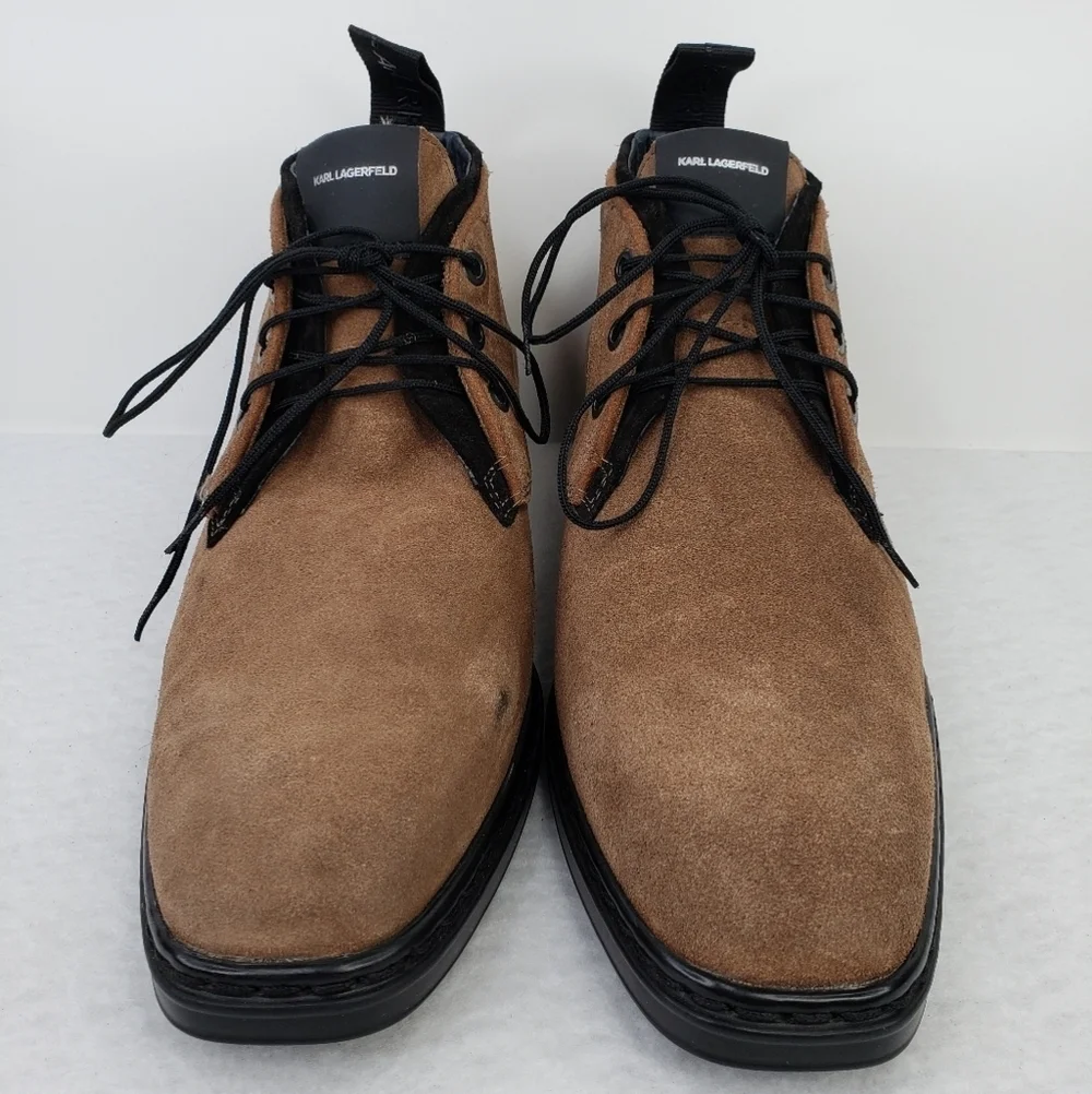 Karl Lagerfeld Mens Cognac Suede Chukka Black Charcoal Burnish Boots Sz 8